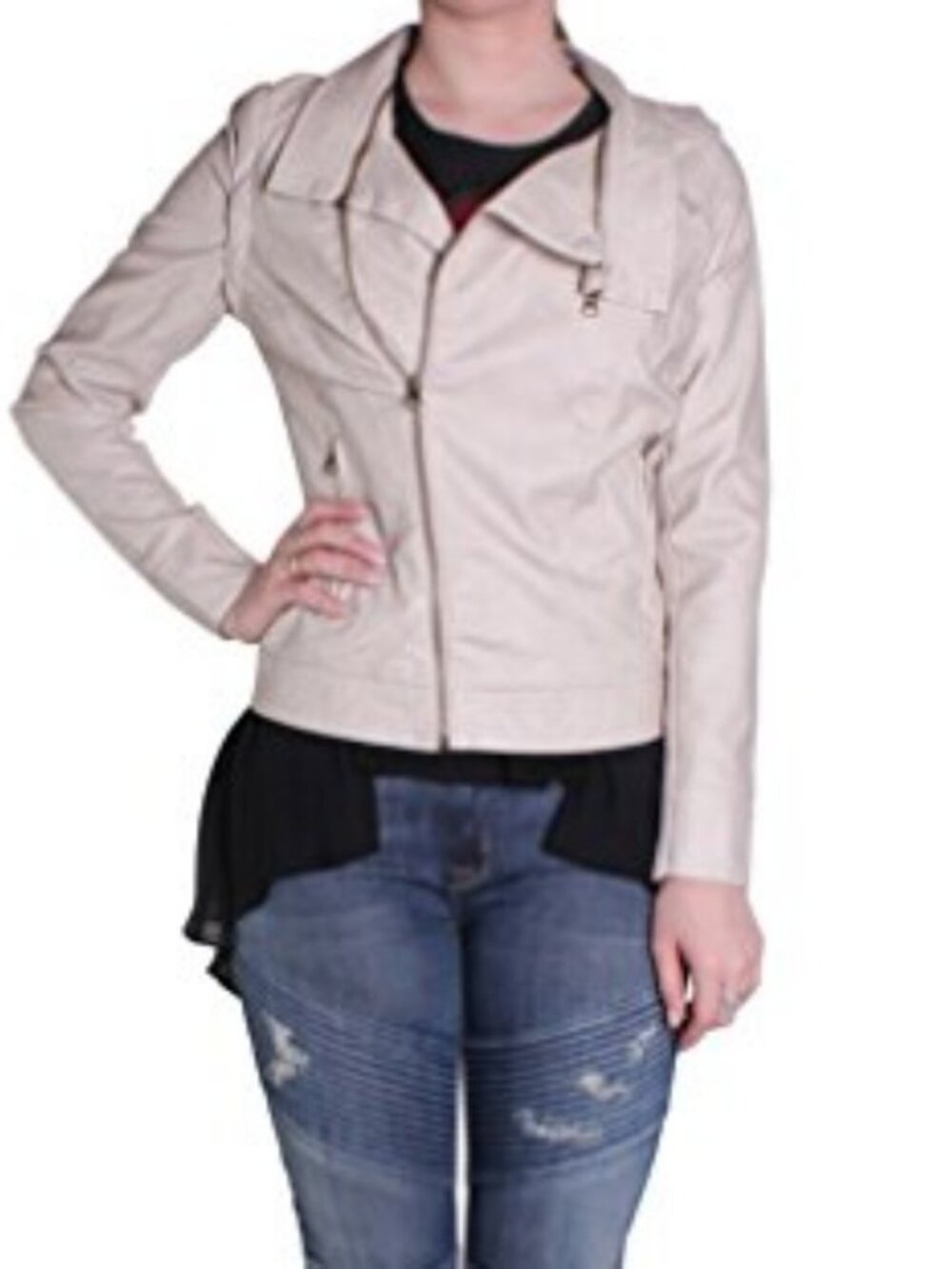 Desigual Women's Faux Leather Moto Jacket Beige Embroidered Floral Biker EU 40 M